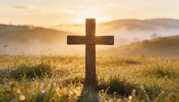 Backlighting weathered wooden cross standing in rural hillside meadow at sunrise, with dew droplets