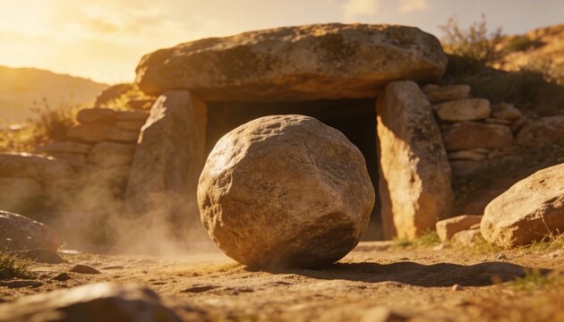 Bathing large round boulder and dolmen entrance on sunlit rocky slope, dust plume glowing