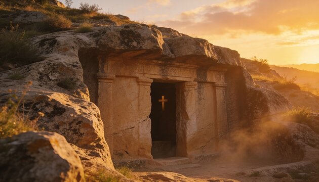 Revealing carved rock-cut tomb entrance glowing inside on arid hillside, with illuminated cross