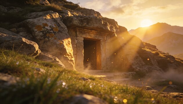Sunlight streaming across ancient stone doorway set into hillside, lighting dust and lichen patches