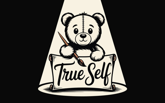 A cartoon teddy bear holding a paintbrush and a banner with True Self