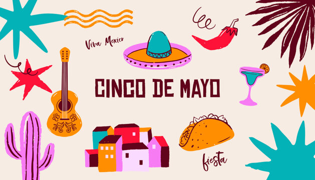 Cinco de Mayo Mexican holiday celebration background with hand-drawn decorative elements, symbols and icons