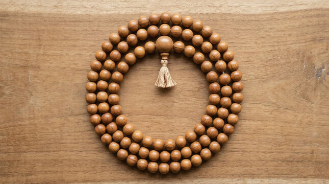 Wooden prayer beads mala necklace closeup religious spiritual meditation object tool accessory mindful accessory faith object