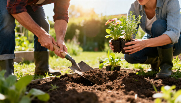 Digging couple kneeling in backyard, placing flowering seedlings using hand shovel wearing boots