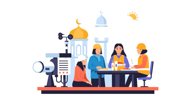 Diverse team collaborating on creative project with mosque background