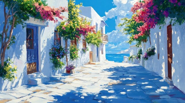 Watercolor of Traditional greek Santorini house with bougainvillea flowers,Greece islands blue white traditional cafe restaurant architecture,Santorini blue door window,Mediterranean scene.