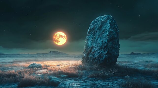 Eerie monolith illuminated under a full moon casting shadows on an open field