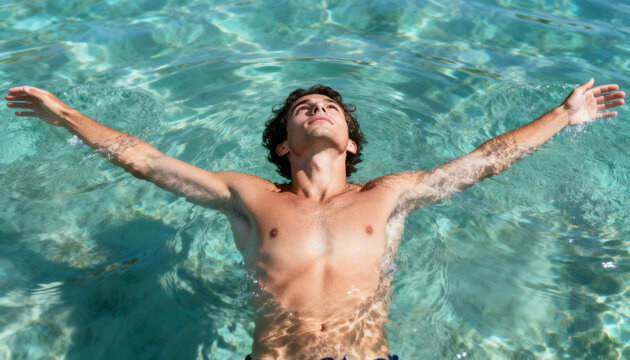 Floating adult male drifting on back in shallow turquoise water, showing dark blue swim trunks
