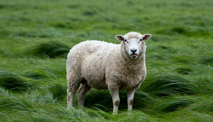 Obraz premium Standing woolly sheep facing camera and chewing grass in windy green pasture, grass tufts swaying