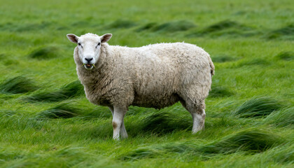 Fototapeta premium Standing single white woolly sheep chewing in lush green pasture, showing flattened grass tufts