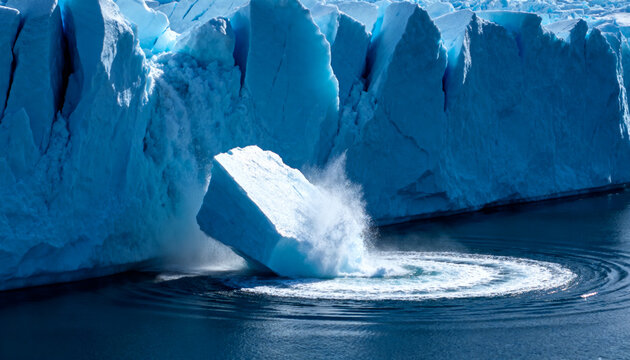 Calving ice block plunging at glacier front, spraying mist, rippling waves, reflecting sunlight