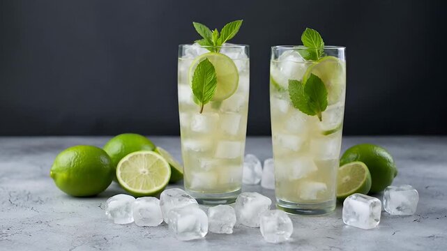 Two glasses of mojito cocktail with lime and mint on a gray surface with ice cubes scattered around