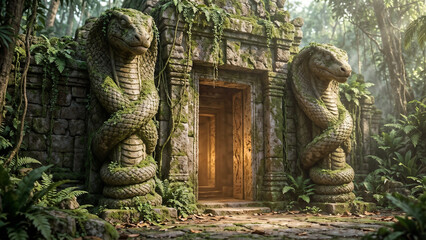 Obraz premium Overgrown ancient temple entrance with moss-covered stone guardian statues and wooden door in mysterious jungle ruins setting. Old lost civilization