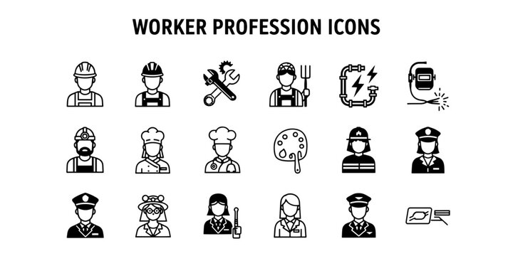 A Professional Collection of Minimalist Line Art Worker Profession Icons for Diverse Occupations and Job Roles