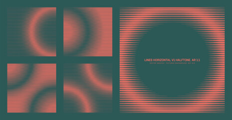 Vector horizontal striped halftone pattern set in square 1:1 format with gradient density, circular distortion and frame layouts. Abstract line textures for backgrounds, posters, UI, digital design