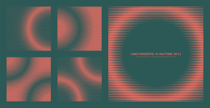 Vector horizontal striped halftone pattern set in square 1:1 format with gradient density, circular distortion and frame layouts. Abstract line textures for backgrounds, posters, UI, digital design
