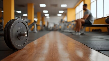 Fototapeta premium Low angle view of a modern gym with a barbell plate in focus and a man resting on a bench in the blurred background