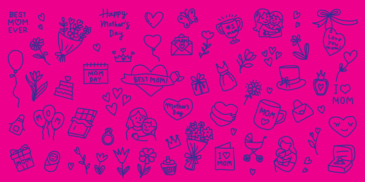 Mother&rsquo;s Day Theme doodle illustration set, hand drawn decoration icon. Happy Mothers Day celebration with decorative floral elements