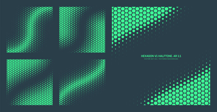 Vector hexagon halftone pattern set in square 1:1 format with gradient density, diagonal layouts and framed compositions. Abstract geometric textures for backgrounds, UI, tech, digital design