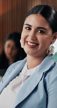 Face, smile and business woman in meeting for finance, actuary and corporate worker in office. Portrait, happy professional and employee with ambition, career opportunity and risk management