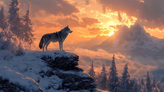 Lone wolf gazing at snow-covered mountain peaks during golden sunset hour
