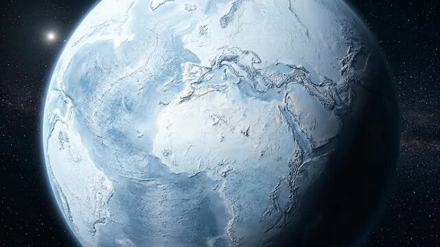 Earth, global ice age planet, completely frozen surface, ancient glaciation period, Sturtian Marinoan epoch, deep freeze condition, cosmic view, dark space background, distant star light.