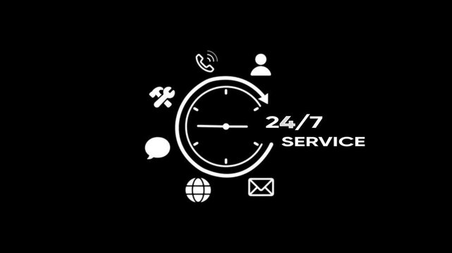 24/7 service clock with support symbols customer support available always support service symbol