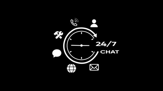 24/7 customer support chat with clock and communication symbols on black background 24/7 support customer service