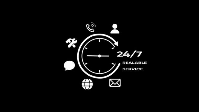 24/7 customer support service set with clock and communication symbols on black background 24/7 service