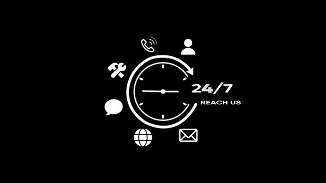 24/7 customer support service set with clock and communication symbols on black background 24/7 support