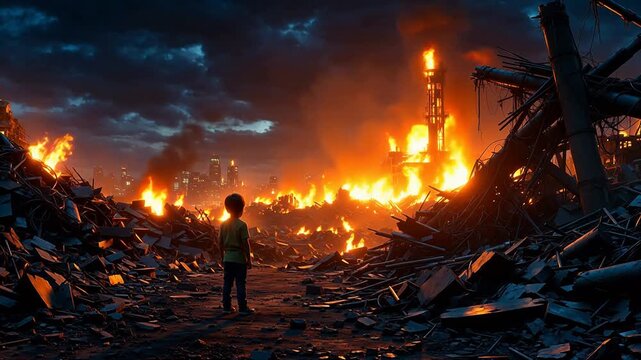 Child in a burning industrial landscape