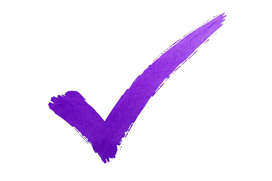 Purple watercolor checkmark symbol communicating approval, success, and completion with grunge brushstroke texture on transparent background