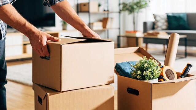 A person packing boxes at home for moving, showcasing a cozy interior. Ideal for themes of relocation, organization, and home improvement.