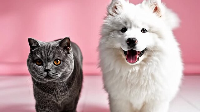 A domestic shorthair cat with grey fur and a fluffy white Samoyed puppy are walking together side by side against a vibrant pink background.