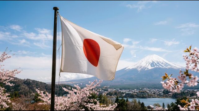 Japan flag waving over Mount Fuji and landmark tower