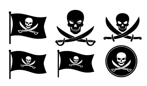 Pirate Skull and Crossed Swords Icon Set with Jolly Roger Flags, Buccaneer Symbols, and Nautical Emblems for Adventure, Maritime, and Vintage Design