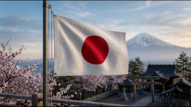 Japan flag waving over Mount Fuji and snowy mountains