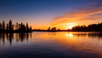 Fototapeta premium Vibrant Sunset Over A Tranquil Lake Surrounded By Silhouetted Trees And Soft Rippling Waters