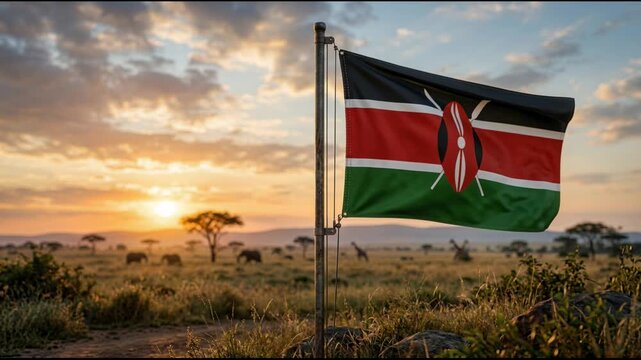 Kenya flag waving over grassland landscape and landmark tower
