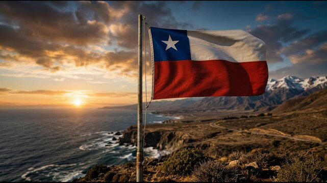 Chile flag waving over coastline and landmark tower