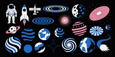 Naklejka premium A set of space and planet icon collection featuring satellite, planets, galaxy and more, perfect for stickers and any design needs