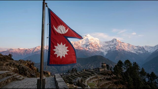 Nepal flag waving over mountain landscape and landmark tower