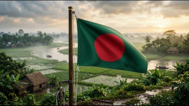 Bangladesh flag waving over tropical jungle and government building