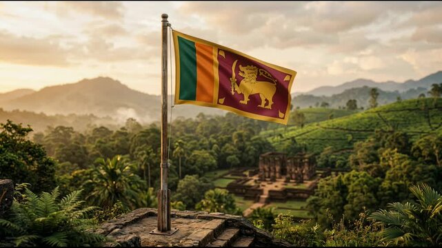 Sri Lanka flag waving over temple architecture and landmark tower