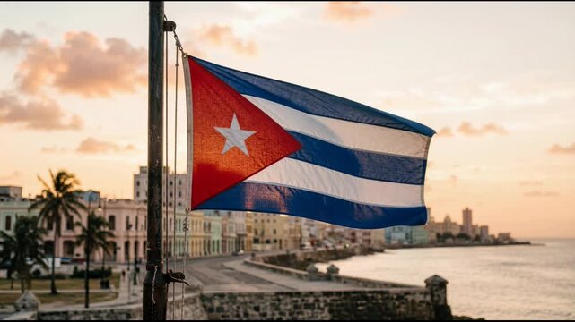 Cuba flag waving over old European town and government building