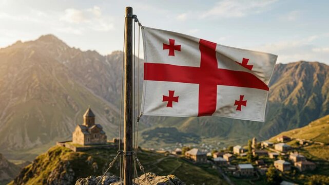 Georgia flag waving over medieval castle and landmark tower