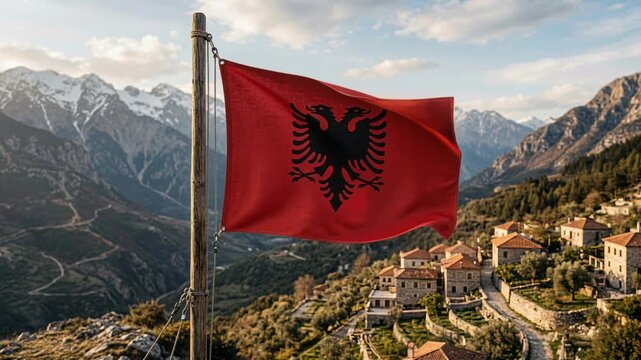 Albania flag waving over old European town and landmark tower