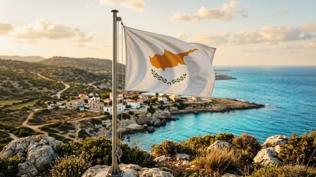 Cyprus flag waving over coastline and landmark tower