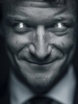 Businessman with dollar signs in glowing eyes