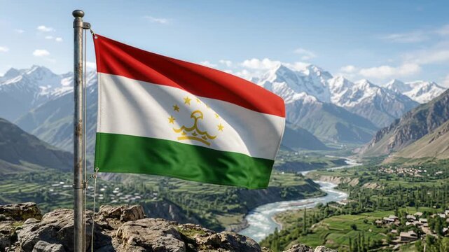 Tajikistan flag waving over river valley and riverside bridge